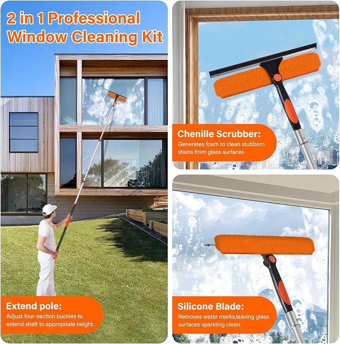 18FT High Window Cleaning Kit with Pole,2 in 1 Window Squeegee,3-12FT Professional Window Clean Pole Kit,2 Squeegee & 2 Microfibre Cloths,180°Rotatable Squeegee for Indoor/Outdoor High Windows