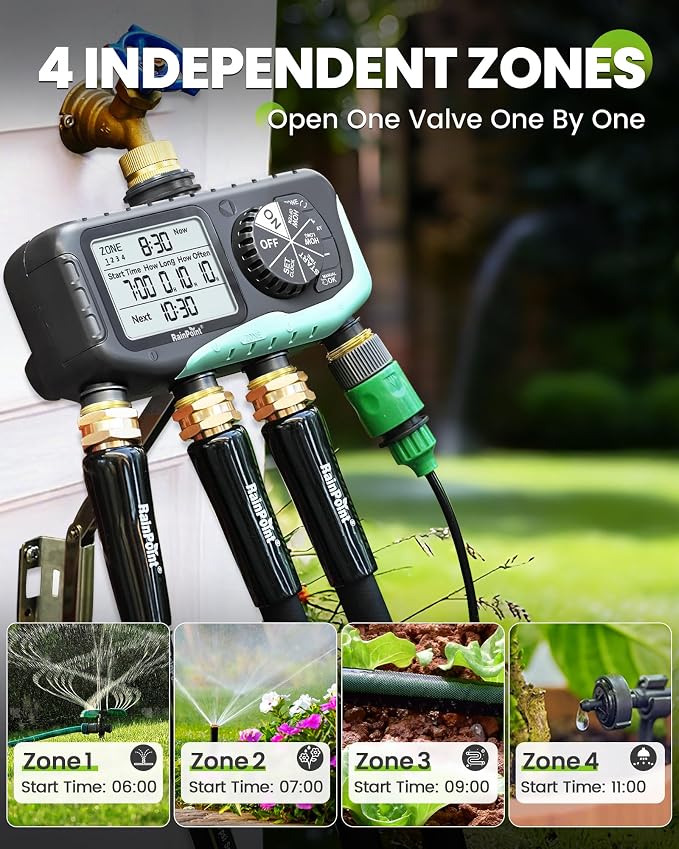 RAINPOINT Sprinkler Timer 4 Zone, Water Timer for Programmable, for Soaker Hose with Rain Delay/Manual/Automatic Watering System, Digital Irrigation for Yard, Lawn