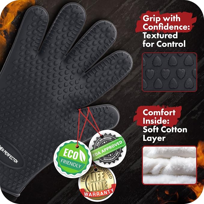 KITCHEN PERFECTION Silicone Smoker Oven Gloves-Extreme Heat Resistant BBQ Gloves-Handle Hot Food Right on Your Grill Fryer & Pit|Waterproof Grilling Cooking Baking Mitts|Superior Value Set +3 Bonuses | Waterproof, 5-Finger Design For A Better Grip, for...