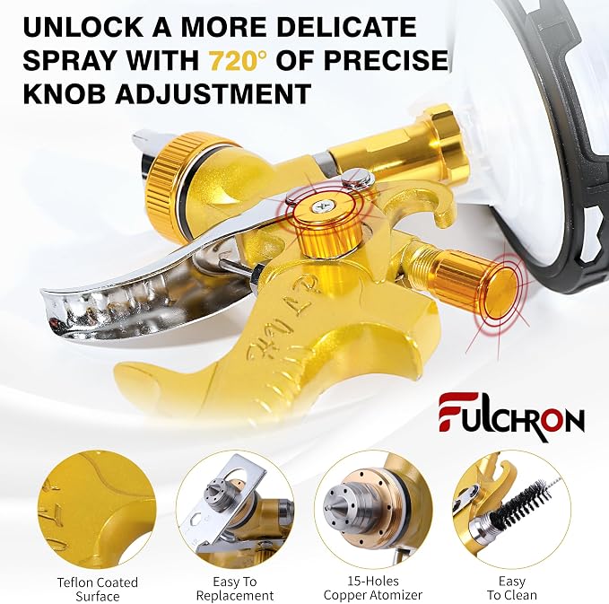 HVLP Paint Gun with 10 Disposable 600ML Paint Cups & 5 Nozzles | 1.4/1.7/2.0/2.5/3.0mm Nozzles Gravity Feed Spray Gun & Disposable Paint Cups for Automotive, Car Painting, Primer (Gold)