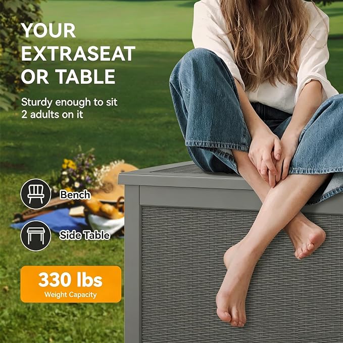 320 Gallon Outdoor Storage Box, Resin Deck Boxes Indoor and outdoor, Waterproof Storage Box Lockable Lid for Garden Tools, Package Delivery, Patio Cushions, Grey