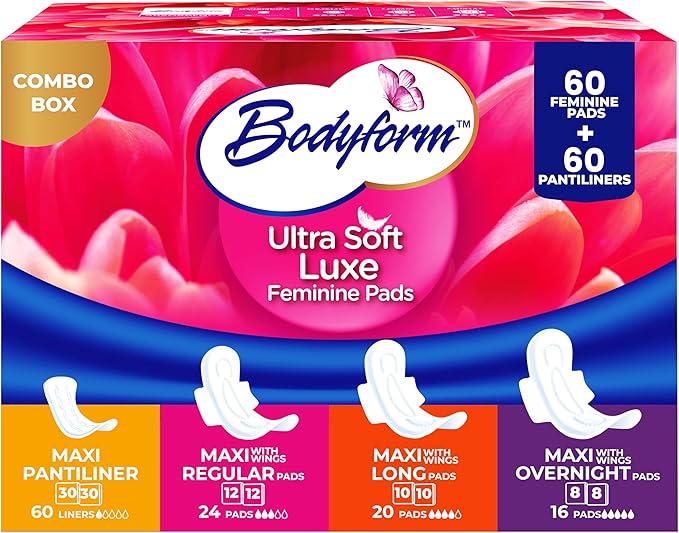 Bodyform Luxe Feminine Pads and Pantyliners Combo – 120 Count (60 Pads + 60 Liners), Ultra-Soft, Super Absorbent, Leak Protection, Daily Comfort & Freshness