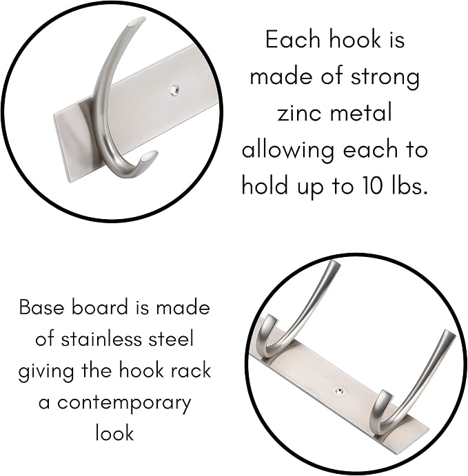 BIRDROCK HOME Premium 5-Hook Stainless Steel Coat and Hat Rack for Wall - Set of 2 - Front Door Organizer - Mounted Hanger for Jackets, Clothes, Hats, Towel - Silver Dual Hooks - Brushed Nickel Finish