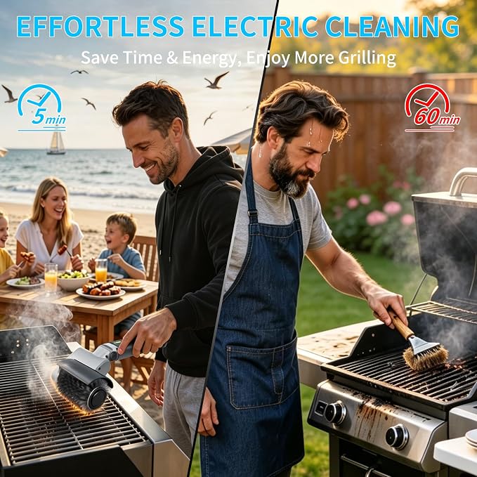 FLYSH Electric Grill Brush, Cordless BBQ Grill Cleaner with 3 Heads, 3-Speed & Angle Adjust, 58W 5200mAh 150-Min Runtime, IPX7 Waterproof for Outdoor Barbecue Grates