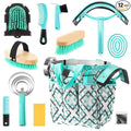 Abbylike 12 Piece Horse Grooming Kit with Organizer Tote Bag Brush Sets for Derby Day Show Horses Professional Tools for Care & Massage(Mint Green and Grey)