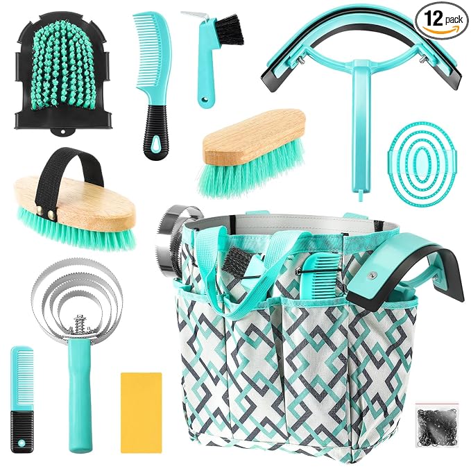 Abbylike 12 Piece Horse Grooming Kit with Organizer Tote Bag Brush Sets for Derby Day Show Horses Professional Tools for Care & Massage(Mint Green and Grey)