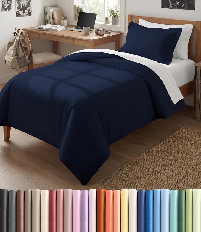 Duvet Cover Twin/Twin XL Size Set - Extra Soft Twin/Twin XL Duvet Cover 68" x 90" with 1 Pillow Sham for Women, Men, Kids & Teens - Comfy, Easy-Care & Fade Free w/ Zipper Closures & Ties (Navy Blue)