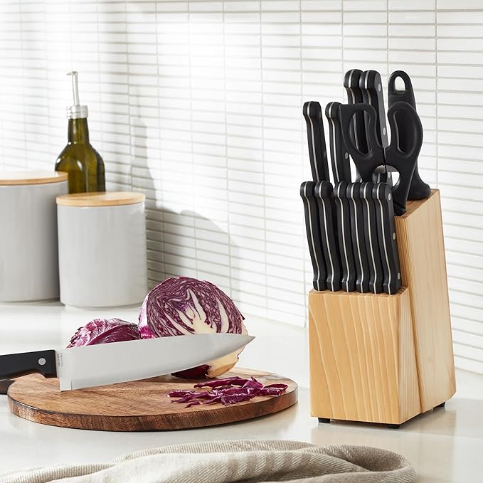 Amazon Basics 14-Piece High Carbon Stainless Steel Kitchen Knife Set with Full Tang Construction, Ergonomic Handles, Sharpener and Pinewood Block, Black
