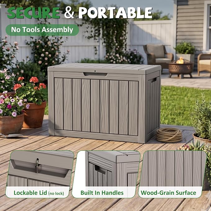 DRATO 55 Gallon Outdoor Storage Box Waterproof, Lockable Resin Deck Boxes | Weatherproof Patio Furniture, UV-Resistant Pool Supplies & Garden Tools, Backyard, Porch, Easy Asembly, 300lbs, Grey