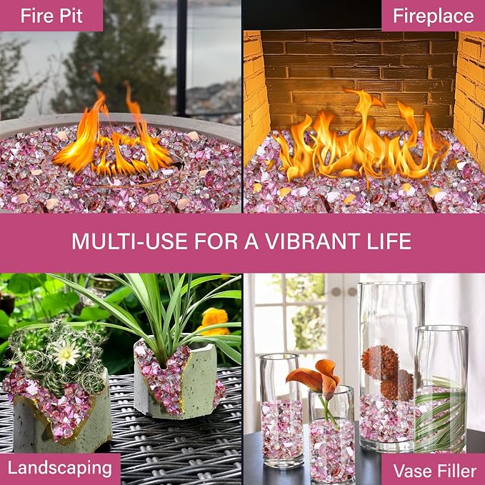NUPICK 10 Pound Fire Glass, 1/4 Inch Reflective Fire Pit Glass | Tempered Fire Pit Rocks for Propane or Natural Gas, Glass Rocks for Fire Pit Table, Fireplace, Fire Bowl, Landscaping, Pink