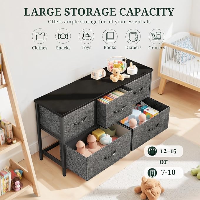 5-Drawer Dresser for Bedroom, Anti-Tip Wide Storage Organizer Fabric Chest of Drawers TV Stand for 45" TV with Wooden Top and Metal Frame for Closet, Living Room, Hallway, Entryway, Gray