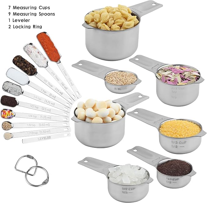 Measuring Cups and Spoons Set, 18/8 Stainless Steel Measuring Cups and Spoons Set, Metric & US Measuring Tools Set, Heavy Duty 7 Cups and 9 Spoons 1 Leveler for Baking and Kitchen