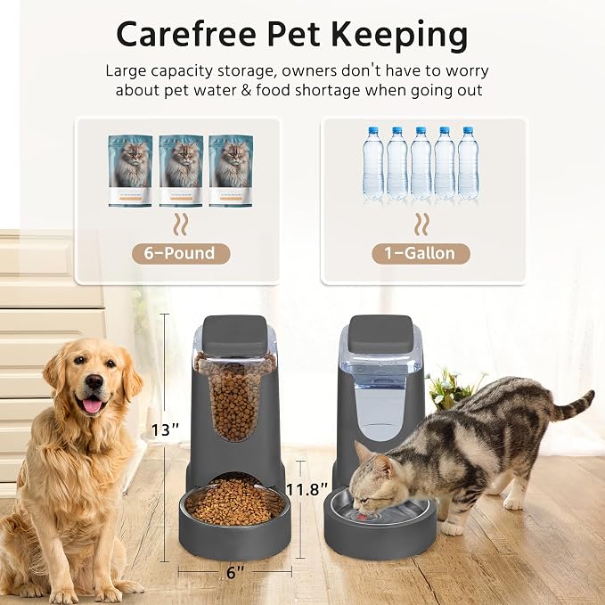 2 Pack Automatic Cat Feeder and Gravity Stainless Steel Water Dispenser, Dog Food Feeder and Waterer Set for Small Medium Puppy Kitten Pets (1 Gallon x 2, Gray)