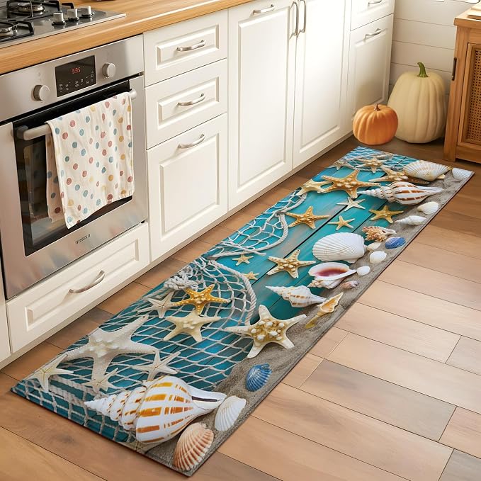 Kitchen Runner Rug 2 x 6 Ft, Beach Starfish Laundry Room Rugs Indoor Non Slip Washable, Ocean Conch Fishing Net Blue Wood Grain Decorative Carpet Long Mat for Sink/Hallway/Living Room