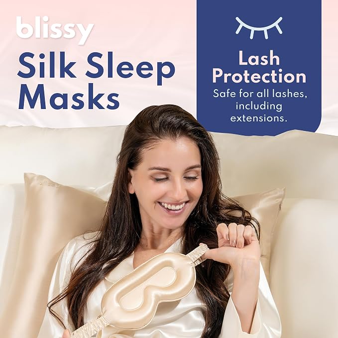 Blissy Silk Sleep Mask Profile - 100% Pure Mulberry Silk 22 Momme 6A Fibers Silk Eye Sleeping Mask for Women & Men for Total Blackout - Blindfold Silk Sleep Mask Side Sleeper Eye Cover (Champagne)