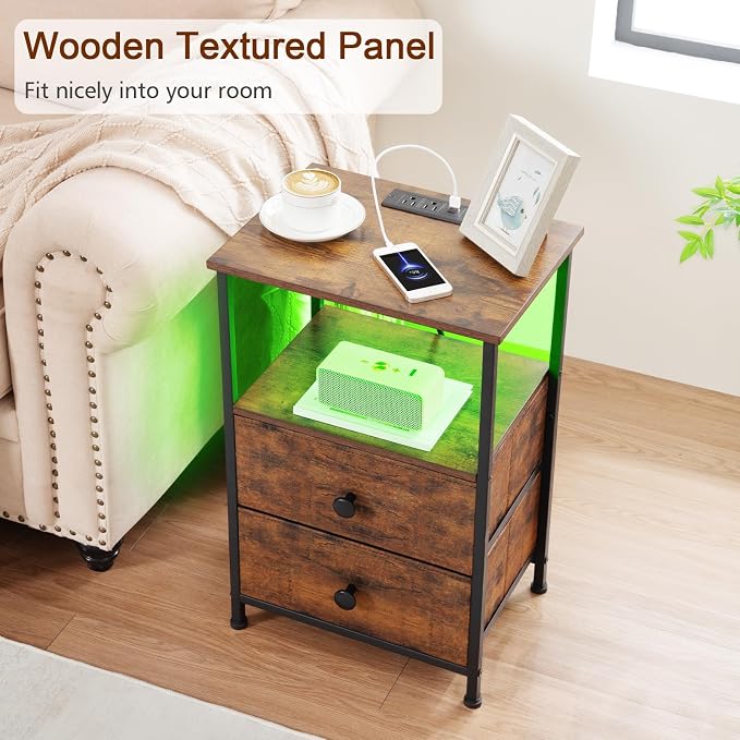 Nightstands Set of 2, LED Night Stand with Charging Station | Bedside Table with Type-C Outlets & 2 Fabric Drawers, End Tables with Storage Shelf for Bedroom, Small Spaces, Brown
