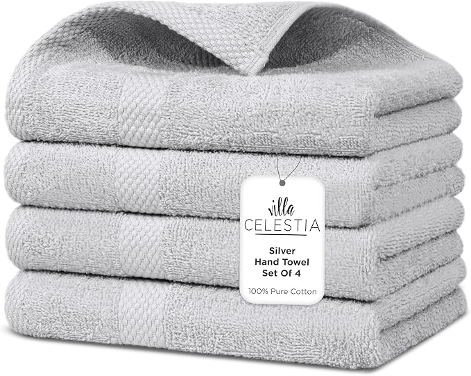 Villa Celestia Cotton Hand Towels Set of 4, 16 x 28, Oeko-TEX Certified, Quick Dry, Silver