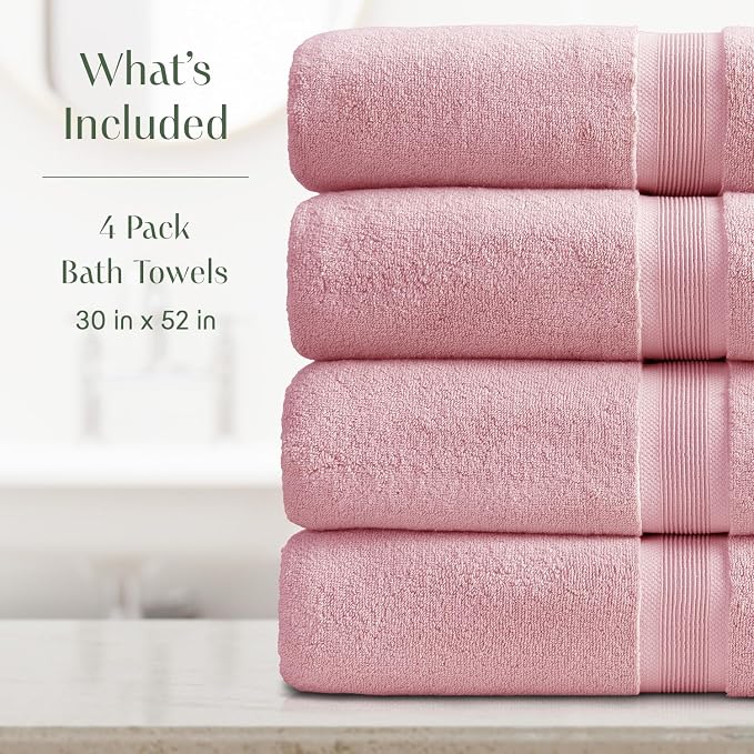 Springtree Home Luxury Bamboo Rayon Plush Bath Towel Set | 4-Pack | Pink | 35% Bamboo Rayon - 65% Zero Twist Cotton | Absorbent Quick-Dry Towels for Bathroom | Ultra Soft | OEKO-TEX Standard 100