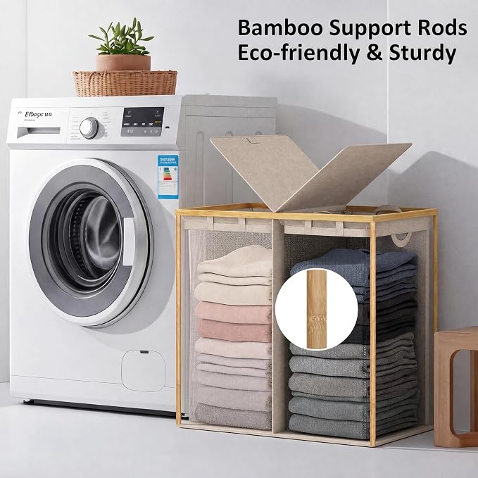 efluky Laundry Hamper with Lid, Double Laundry Basket with 2 Removable Bags, 2 Section Laundry Bin with Bamboo Handles for Bathroom, Bedroom & Laundry Room, 140L (36.9 Gallon) Oat