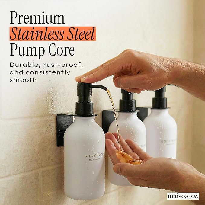 Shampoo and Conditioner Dispenser Wall Mounted Set of 3 White Black - No Drill Shower Soap Dispenser for Bathroom Refillable - Spa Hotel Style Accessories by MaisoNovo