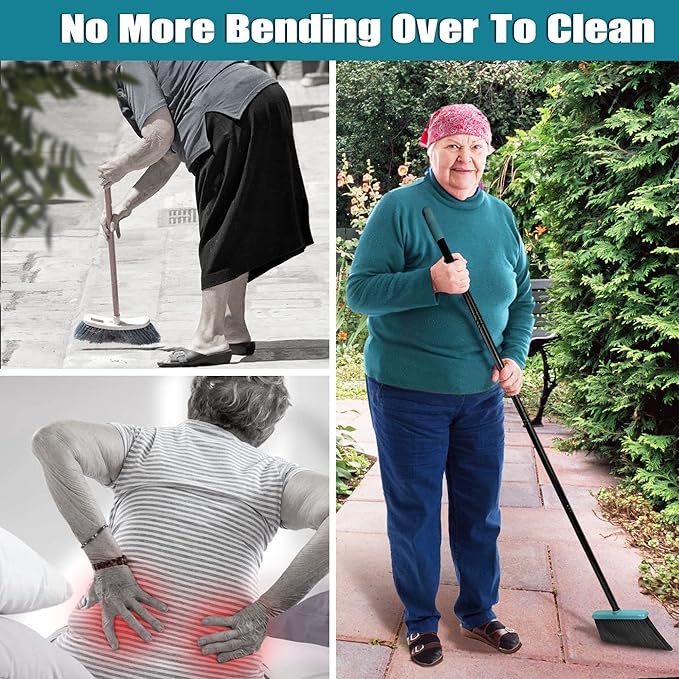 JEHONN Broom and Dustpan Set for Home Room Kitchen Office, Long Handle Lightweight 180 Degree Rotating Broom, Upright Standing Dust Pan with Comb Teeth