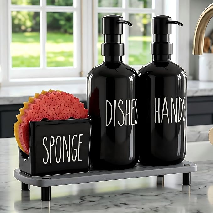 Cisily Black Soap Dispenser Set with Ceramics Sponge Holder, Kitchen Decor | Black Stainless Steel Pumps, Instant Dry Tray
