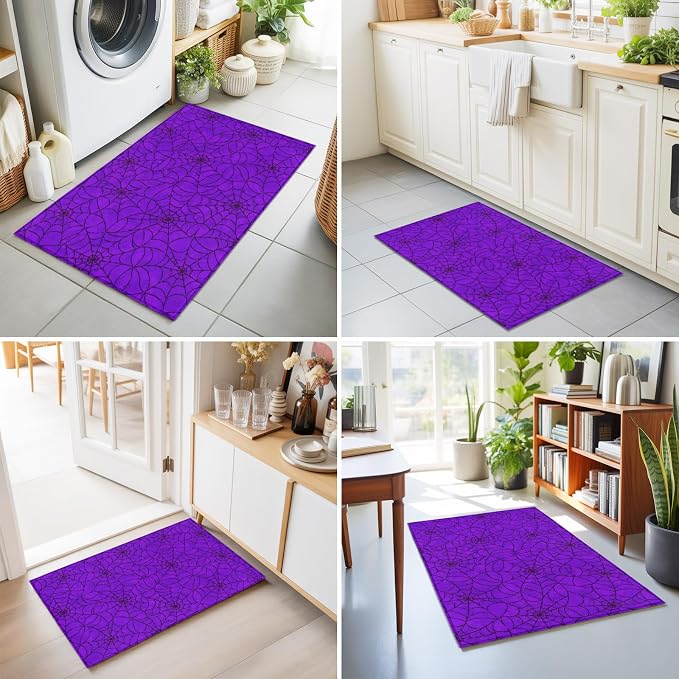 Entryway Area Rug 2'x3', Purple Halloween Washable Small Area Rugs for Kitchen Bathroom Bedroom Office Laundry, Black Spiders Net Classic Gingham Non Slip Door Mat Indoor Entrance Floor Throw Carpet