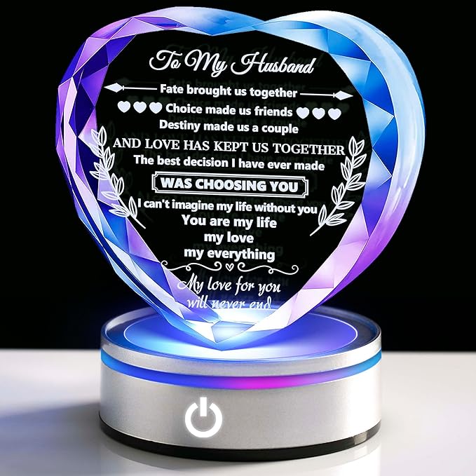 Gifts for Husband Crystal with Colorful LED Base, Cool Anniversary Birthday Gifts for Men, Husband Birthday Gifts from Wife, Crystal Keepsakes Romantic Gifts for Wedding Valentine's Day