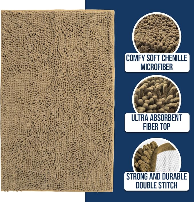 Muddy Mat® | Chenille Bathroom Rugs Quick Dry Microfiber Mats Non Slip Washable, Extra Thick, Soft and Highly Absorbent Bath Mats for Bathroom, Kitchen, and Shower Floor - Beige 24"x59"
