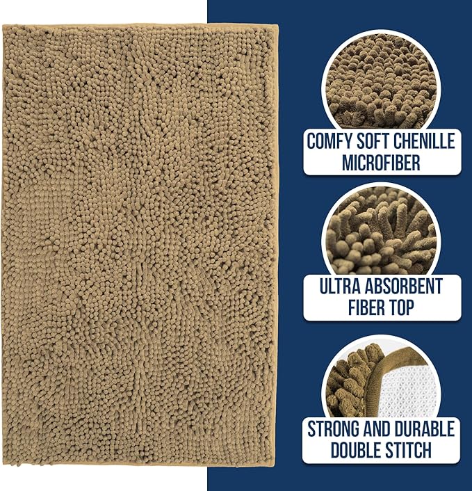 Muddy Mat® | Chenille Bathroom Rugs Quick Dry Microfiber Mats Non Slip Washable, Extra Thick, Soft and Highly Absorbent Bath Mats for Bathroom, Kitchen, and Shower Floor - Beige 18"x28"