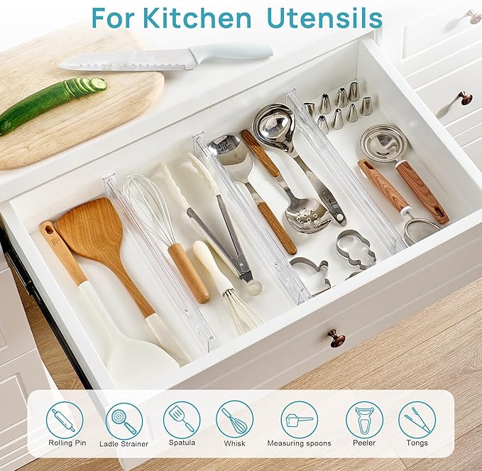 Vtopmart 4 Pack 2.36" Short Upgrade Drawer Dividers for Kitchen Drawer, 12.8"-22.3" Expandable Kitchen Drawer Organizer, Clear Plastic Organizer Separator for Flatware, Utensil, Cutlery, Underwear