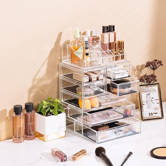 Sorbus Acrylic Makeup Organizer Set, 7-Drawer Vanity & Countertop Cosmetic Storage with Small & Wide Compartments, CLear Makeup Storage for Brushes, Jewelry – Holiday Gift for Women & Teens