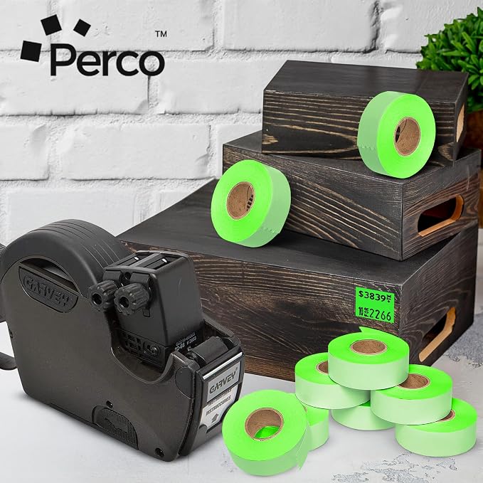 Perco Fluorescent Green Price Marking Labels - 36,000 Blank Labels for Garvey 22-66/22-77/22-88 Two Line Pricing Gun with Ink Rolls Included - 36 Rolls, 4 Sleeves - Made in USA