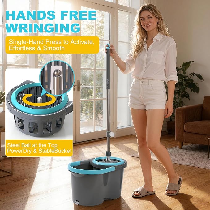 JOYMOOP Spin Mop and Bucket with Wash and Wringer Set, 360° Mop Head & Telescopic Handle, 6 Reusable Microfiber Pads, Wet and Dry Use, Hands-Free Cleaning for Hardwood, Tile, Laminate Floors & Walls