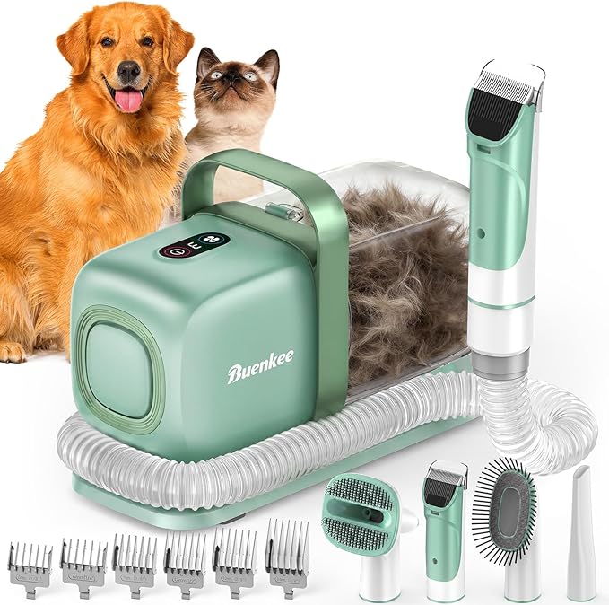 buenkee Dog Grooming Kit with Vacuum, 15000Pa Pet Hair Clipper and Shedding Brush, 2L Capacity, Green