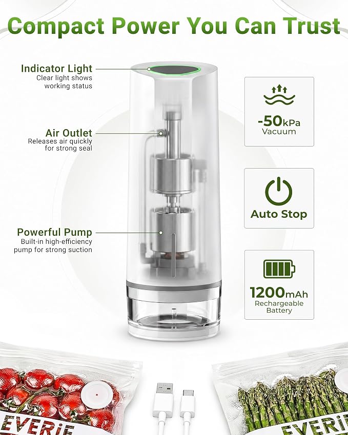 EVERIE HS100 Handheld Vacuum Sealer for Food, Rechargeable Portable Mini Sealer with 30 Reusable Valve Bags(15S+15M), for Meal Prep, Fridge, Freezer & Sous Vide Cooking