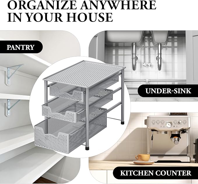 Simple Houseware Stackable 3 Tier Sliding Basket Organizer Drawer, Silver