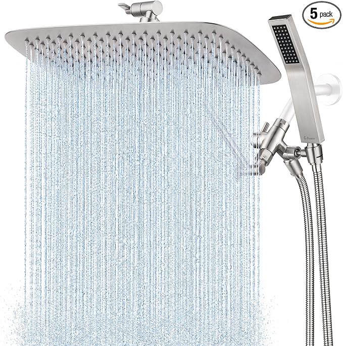 G-Promise All Metal 14 Inch Dual Square Shower Head with Handheld Spray Combo, Rain Shower Head, Adjustable Extension Arm, 3-Way Diverter, 71 Inch Extra Long Hose - A Bathroom Upgrade(Brushed Nickel)
