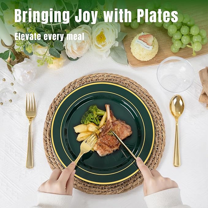 WDF Partyware 350PCS Green and Gold Plates - Green Plastic Plates 50Guests Plastic Plate with Rolled Napkins for Party/Birthday/World Cup 2026
