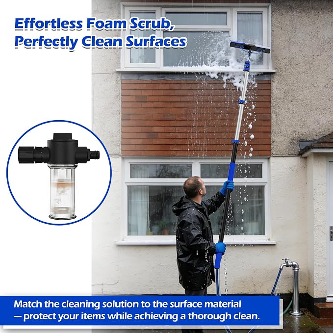 5-20FT Solar Panel Cleaning Brush Kit - Telescopic Pole with Dual Action Flip-Lock & Screw Fixing, Water Flow & Soap Dispenser, Ideal for Snow Removal, Windows, Boats, RVs, Decks