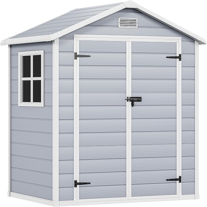 DWVO 6x4.4 FT Resin Storage Shed with Reinforced Floor, Outdoor Storage Shed with Lockable Door, Window and Vents, Waterproof Plastic Tool Shed for Garden, Backyard, Patio, Lawn