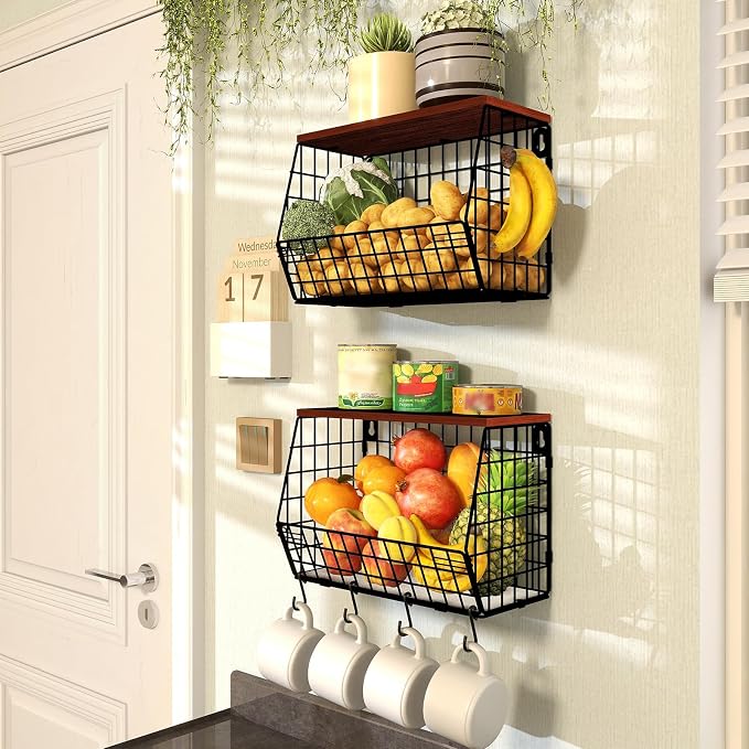 Mefirt 2pcs Fruit Basket Kitchen Storage Basket with Wood Lid, Stackable Wall Basket Fruit Basket for Kitchen, Countertop Organizer for Snack, Fruit and Veggie Storage, 11.8 x 7.9 x 8.5 Inch