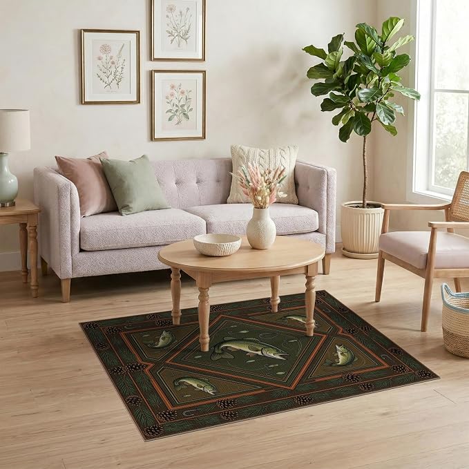 4'x6' Washable Area Rug Bass Lure Cabin Pinecone Hook Border Tackle Motif Fish Fishing Refined for Playroom, Bedroom, Reading Nook, Pet Friendly & Non-Slip