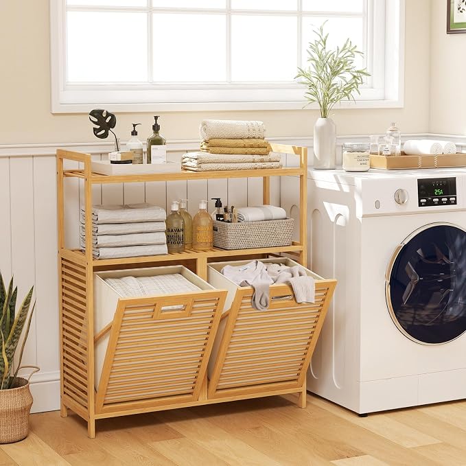 Giantex Double Tilt Out Laundry Hamper w/2-Tier Storage Shelf | 14 Gal Bamboo Laundry Storage Cabinet w/Removable Laundry Baskets, Laundry Sorter Organizer for Bathroom Living Room Bedroom