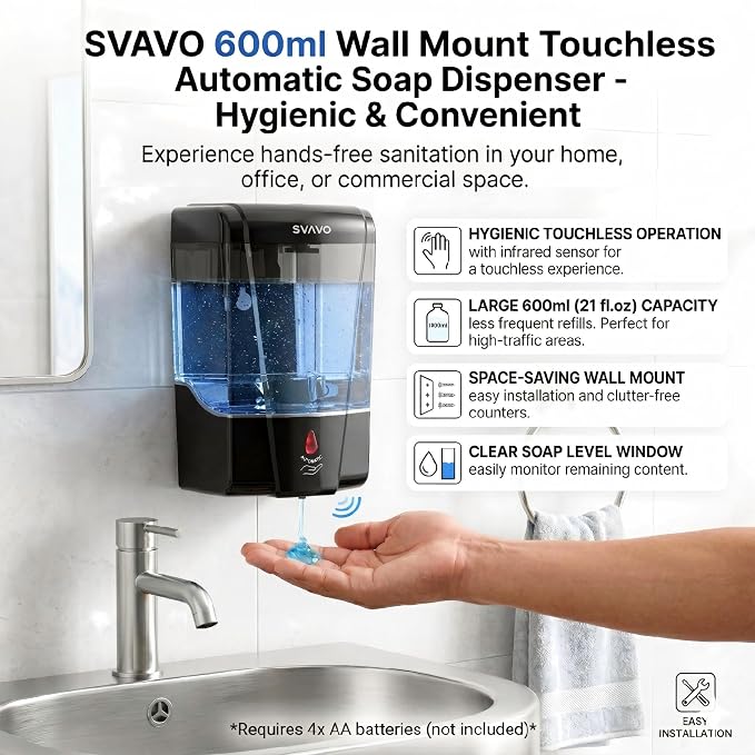 SVAVO Automatic Soap Dispenser Hand Soap Dispenser Wall Mount 600m/21 fl.oz, Touchless Electric Sensor Pump Battery Operated for Offices Home Kitchen Bathroom Hotel Restaurant Commercial