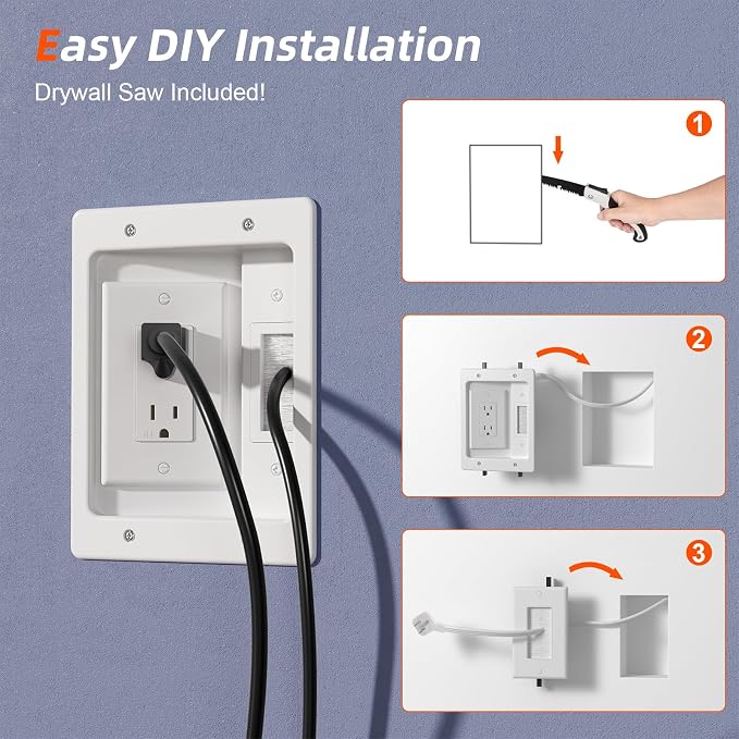 in Wall Cable Management Kit,TV Cable Hider Wall Kit with Brush Wall Plate and 9.8FT Cord,2 AC Outlets,Recessed Outlet Box for Wall Mount TV Home Theater Setups Cords Organizer