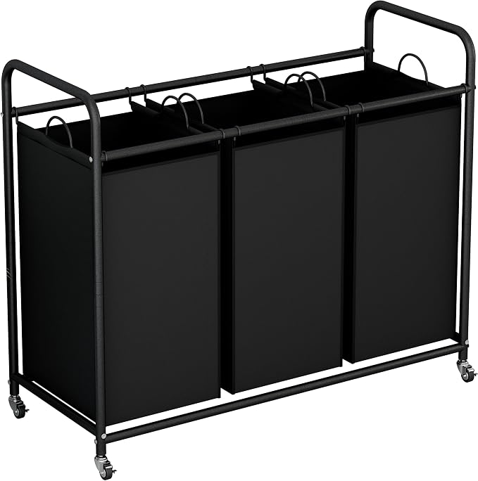 LINZINAR 3 Section Laundry Hamper, Black Laundry Basket 135L Laundry Sorter | Laundry Room Organization with Heavy Duty Rolling Lockable Wheels and Removable Bag, Bedroom Laundry Cart for Clothes Storage