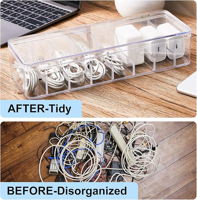Tatuo 6 Pcs Cable Organizer Box with Wire Ties, Plastic Cord Storage Box with Lid, Electronics Organizer for Home Office Desk Organizers and Accessories (Clear)