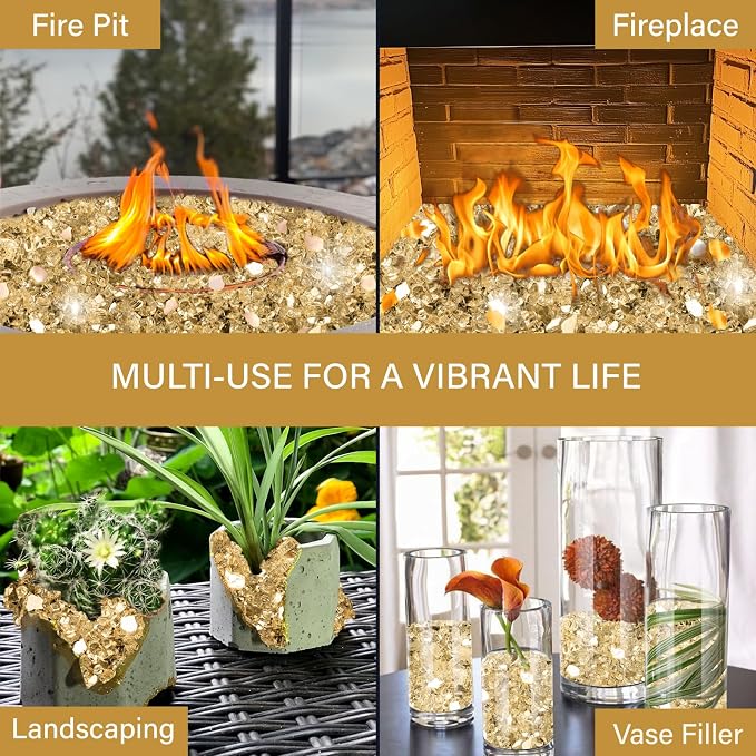 NUPICK 5 Pound Fire Glass, 1/4 Inch Reflective Fire Pit Glass | Tempered Fire Pit Rocks for Propane or Natural Gas, Glass Rocks for Fire Pit Table, Fireplace, Fire Bowl, Landscaping, Gold