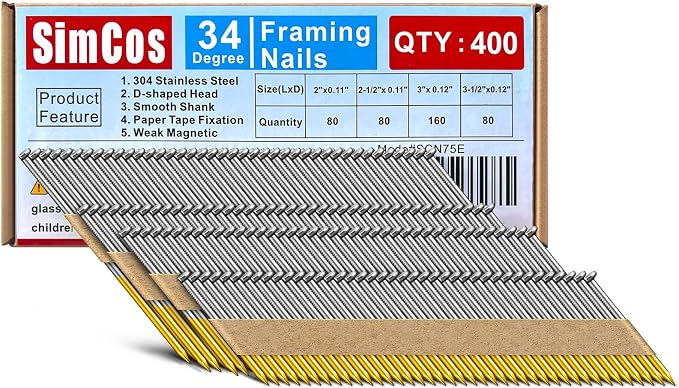 34-30 Degree Framing Nails, 2"+2-1/2"+3"+3-1/2"-400-Pack | 304 Stainless Steel D Head Smooth Shank Paper Tape Strip Nails for 30 to 34 degree Framing Nailer